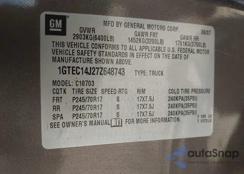 2007 GMC Sierra 1500 Sle1 z USA, uszkodzony, nr VIN 1GTEC14J27Z648743